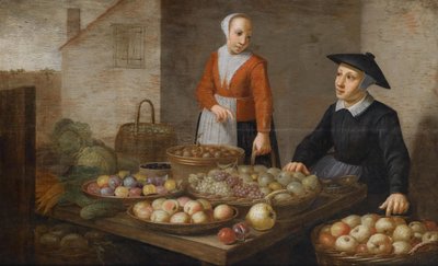 Marktszene mit zwei Obst- und Gemüseverkäuferinnen von Follower of Floris van Schooten